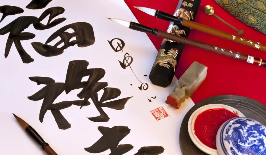 Calligraphie japonaise sur une feuille à côté de pinceaux et d'un bol d'encre