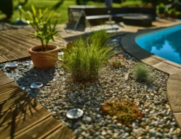 Un jardin avec une partie du sol en galets