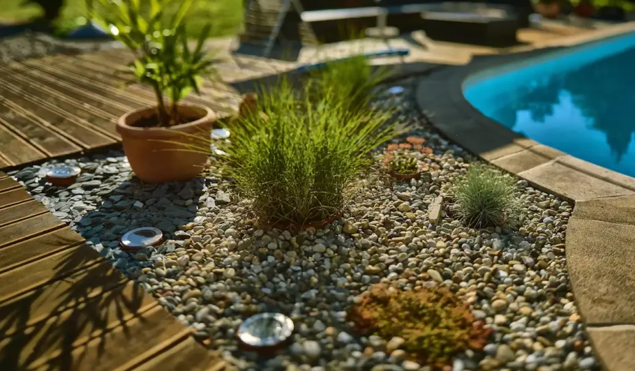 Un jardin avec une partie du sol en galets