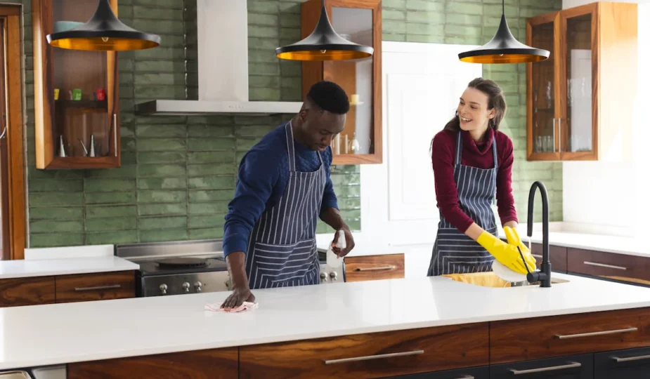 Une femme et un homme qui nettoie une cuisine