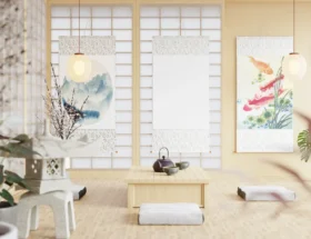 Une pièce avec un mur et une décoration japonaise