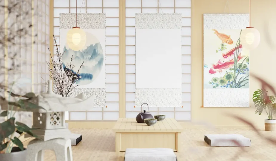 Une pièce avec un mur et une décoration japonaise