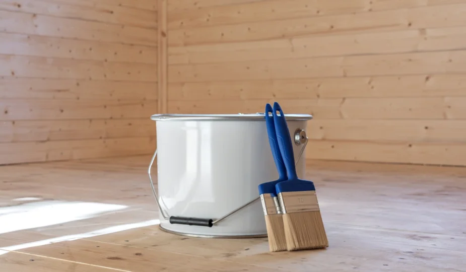Un pot de peinture posé sur le sol avec deux pinceaux