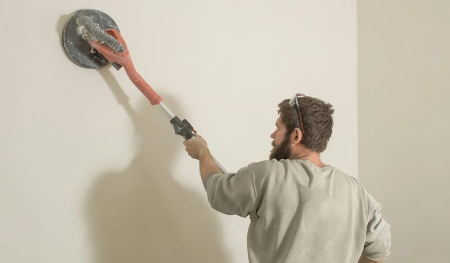 Un homme qui passe une ponceuse sur un mur blanc