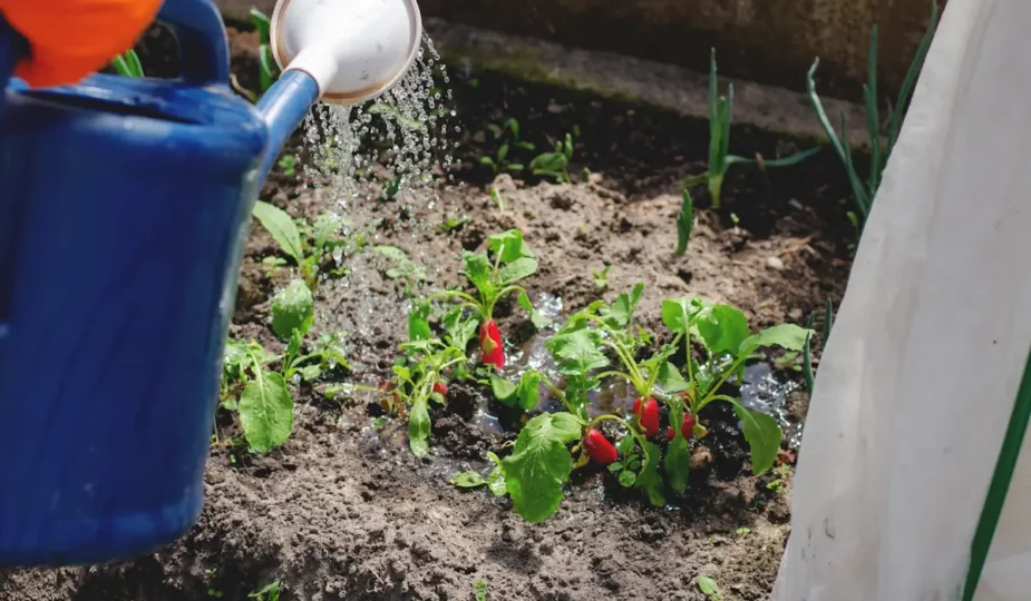 Une personne qui utilise un arrosoir en plastique pour arroser des plantes dans le sol