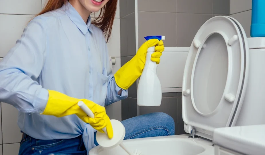 Une femme qui nettoie les toilettes avec des gants jaunes et un pchitt et une brosse à toilettes