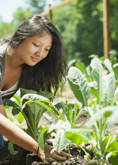 Une femme qui plante des légumes dans le sol