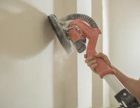 Une personne qui passe une ponceuse sur un mur blanc