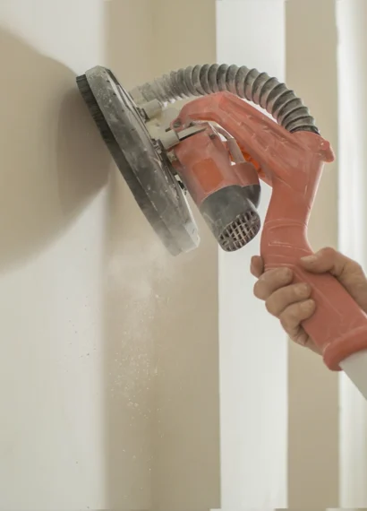 Une personne qui passe une ponceuse sur un mur blanc