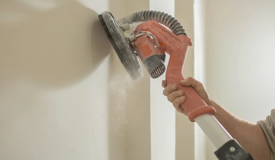 Une personne qui passe une ponceuse sur un mur blanc