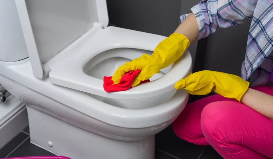 Une femme qui nettoie les toilettes