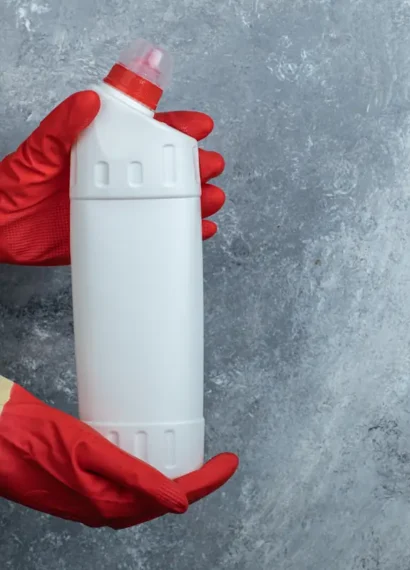 Une personne qui tient une bouteille de liquide déboucheur