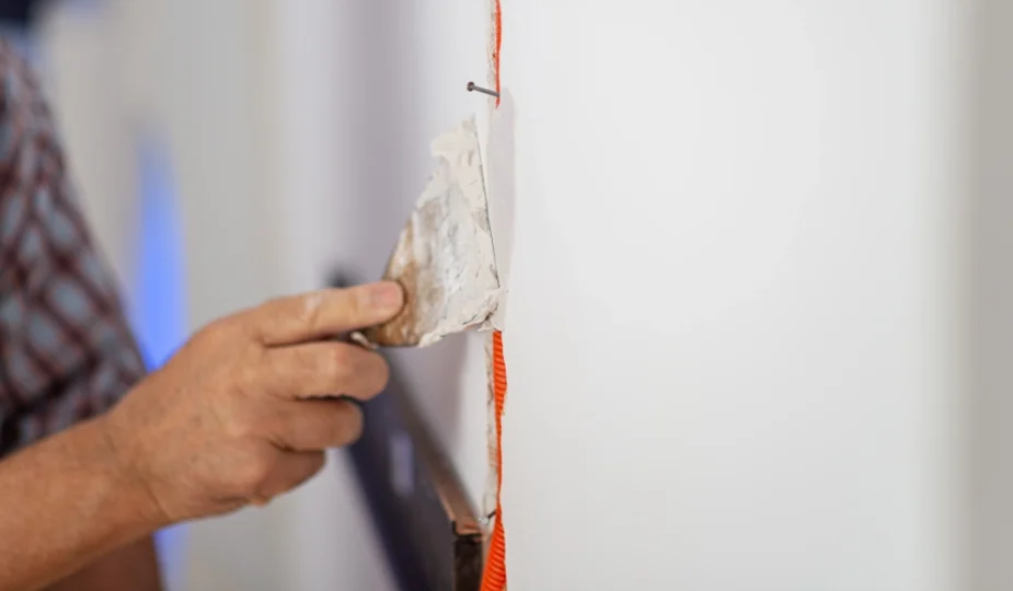 Une personne qui applique de l'enduit pour faire des bandes de placo