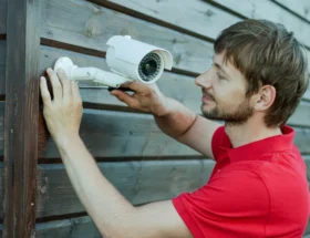 Un homme qui installe une caméra de surveillance extérieure