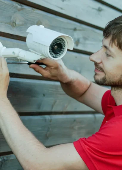 Un homme qui installe une caméra de surveillance extérieure