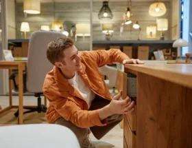 Un homme qui regarde un meuble en mérisier