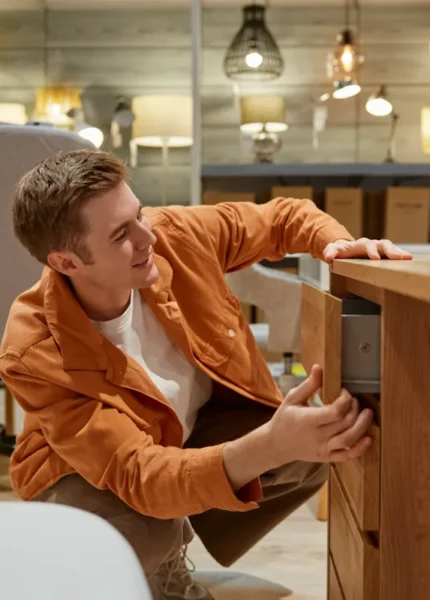 Un homme qui regarde un meuble en mérisier
