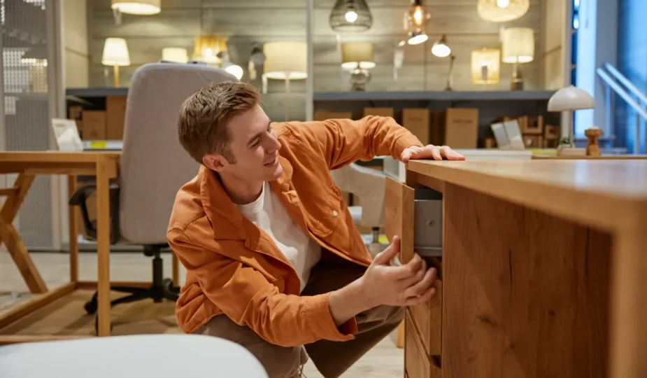 Un homme qui regarde un meuble en mérisier