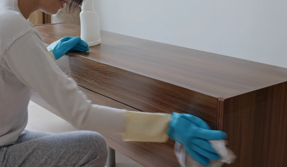 Une personne qui nettoie un meuble en bambou noirci