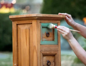 Une personne qui peint un meuble en mérisier