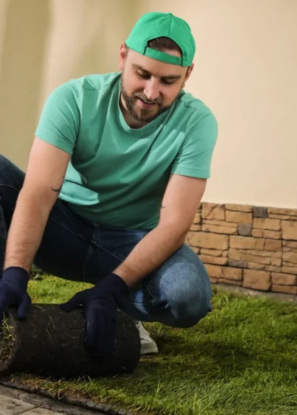 Un homme qui pose un gazon artificiel sur le sol