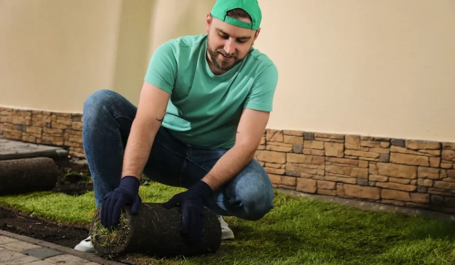 Un homme qui pose un gazon artificiel sur le sol