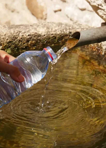 Une personne qui recueille l'eau d'un puit avec une bouteille d'eau