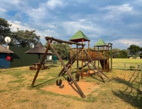 Empty wooden playground outdoors under sunny skies, ideal for kids' activities.