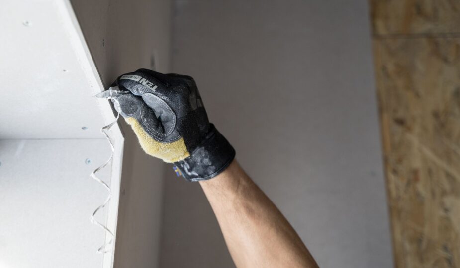 Close-up of a gloved hand applying plaster to a wall indoors in Falun, Sweden.
